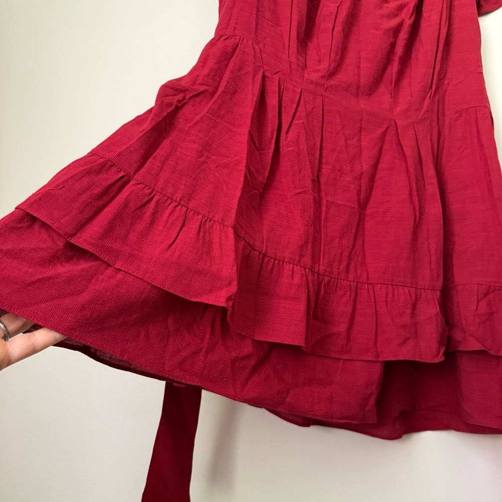 Comptoir Des Cotonniers Red Pleated Ruffle Embroidered Dress with Belt, size L - Picture 8 of 11